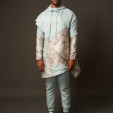 Hoodie Sherwani Top – Teal Pastel with Metallic Accents
